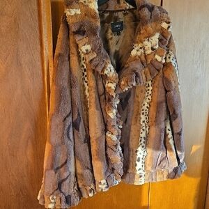 Calvin Klein Brown and Cream Faux Fur Animal PrintTeddy Jacket